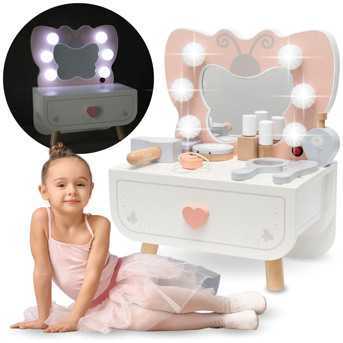 Dřevěný mini toaletní stolek s LED osvětlením - Butterfly
